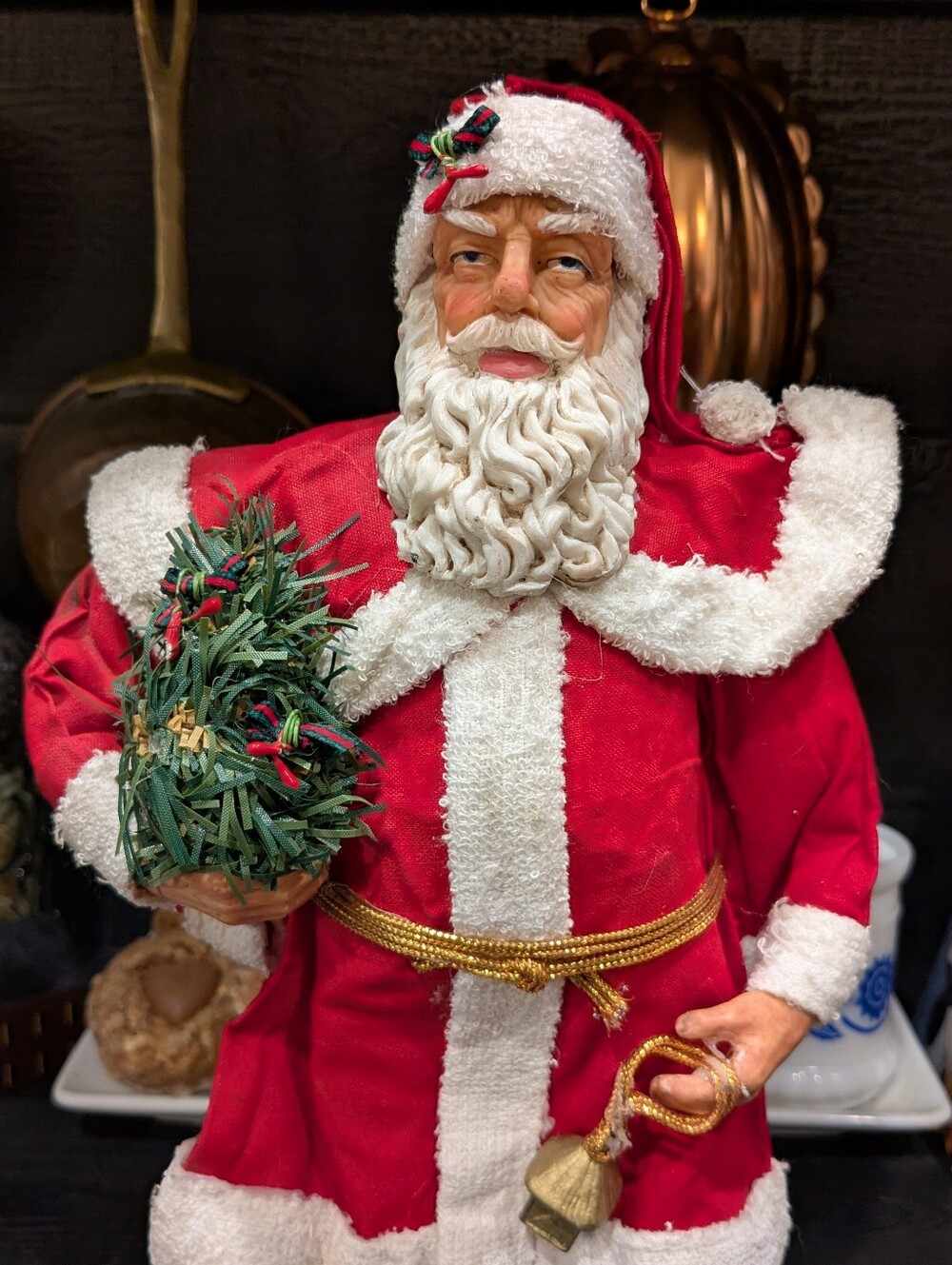 Festive Red Santa with Fabric Mache Coat Vintage 10" - Picture 2 of 5
